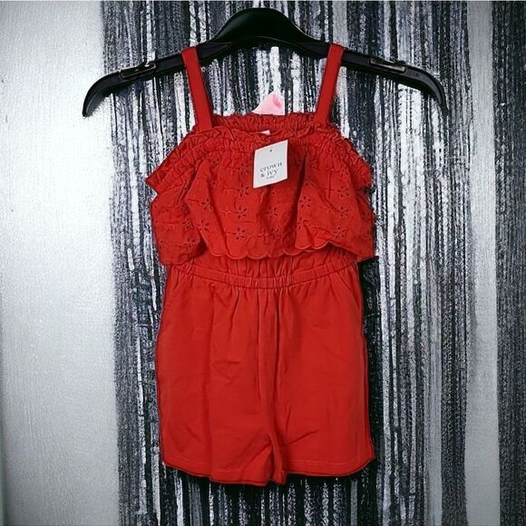 Crown & Ivy Girls Size 5 Red Eyelet Lace Ruffled Knit Romper NWT Summer Clothes - Picture 4 of 8